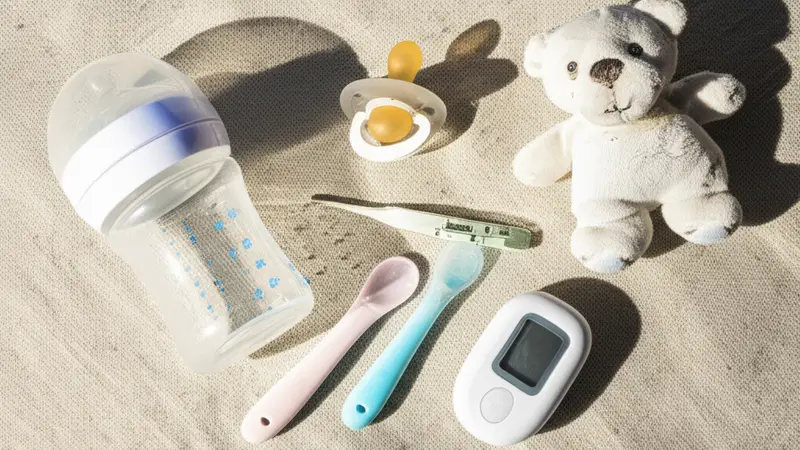 אביזרים חיוניים לחדר תינוק מסודרים על שטיח לבן